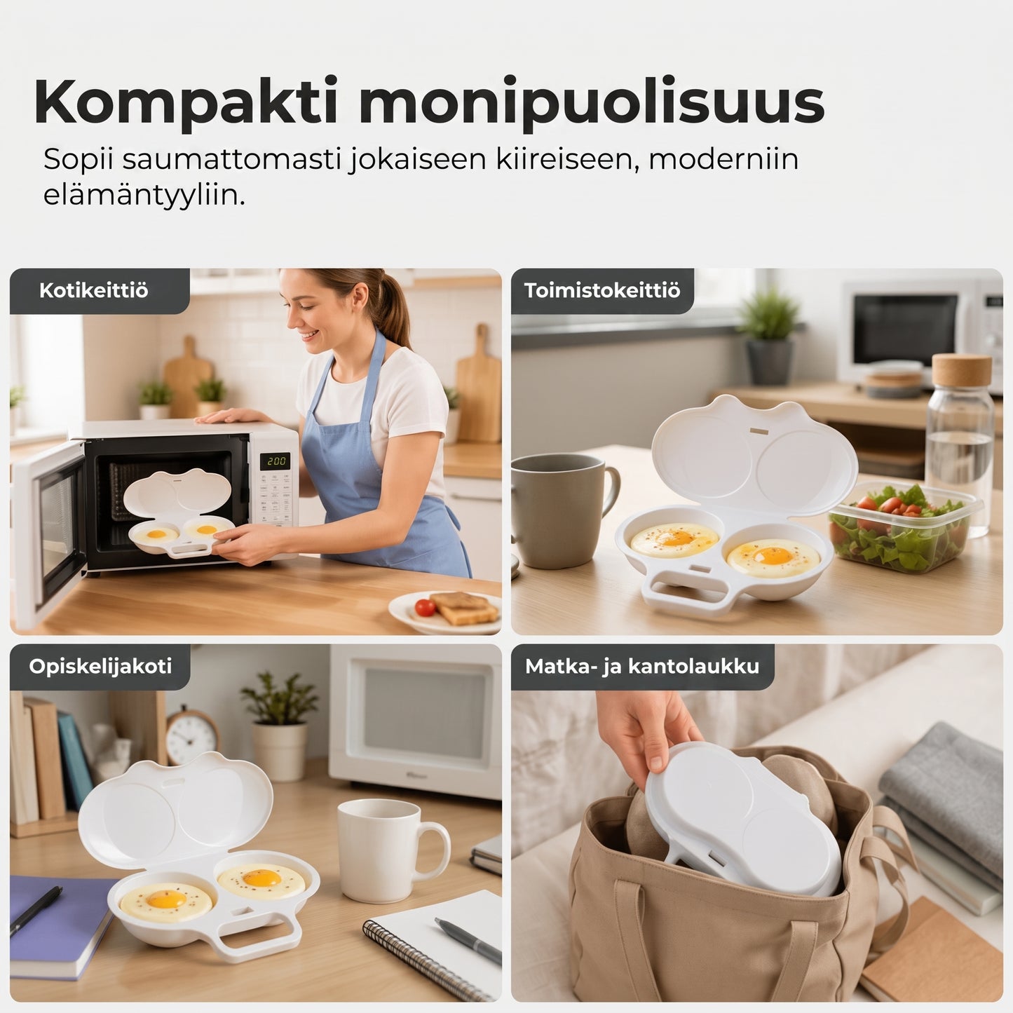 Mikroaaltouunin munankeitin kannella ja kahvalla