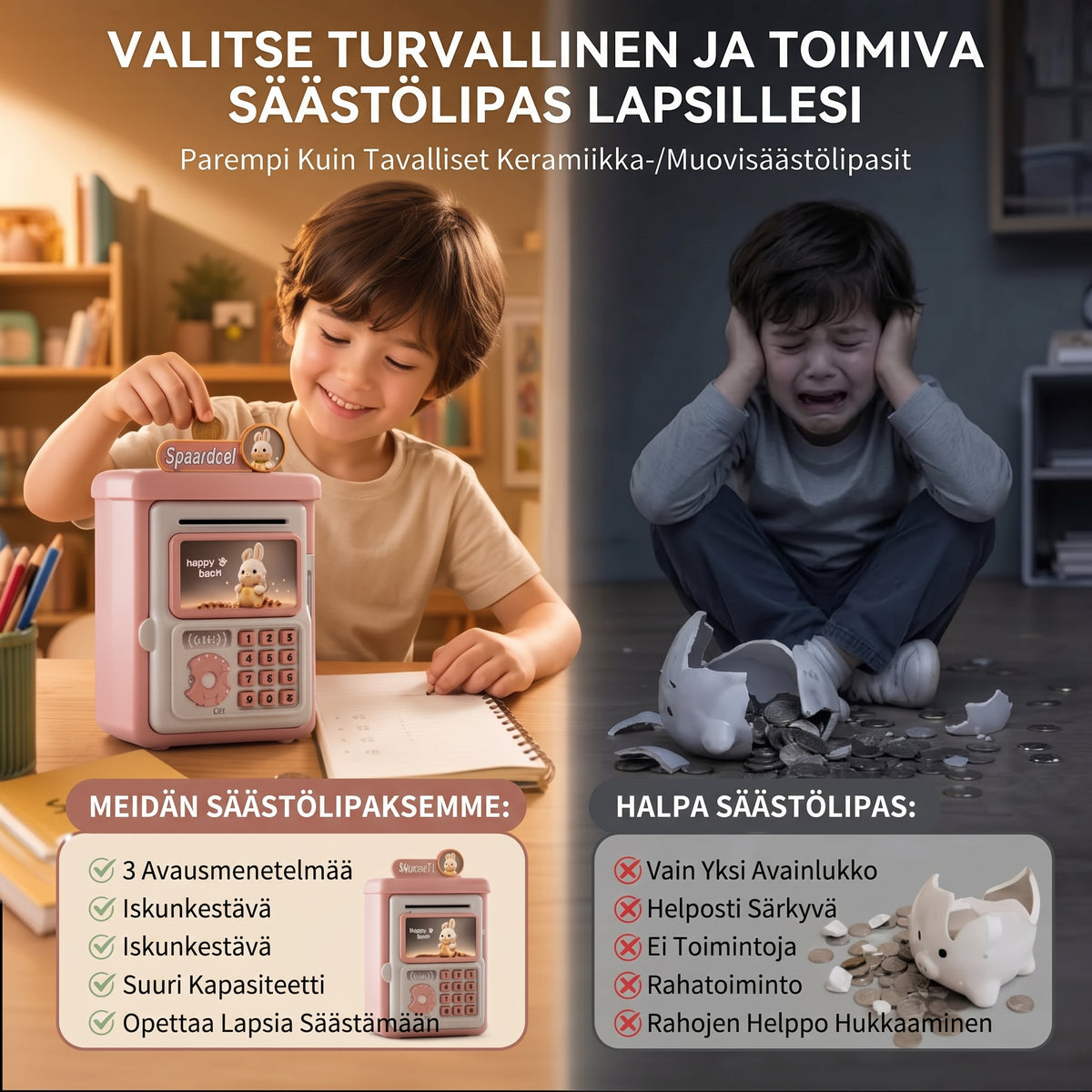 Automaattinen ATM-säästöpankki lapsille salasanalla