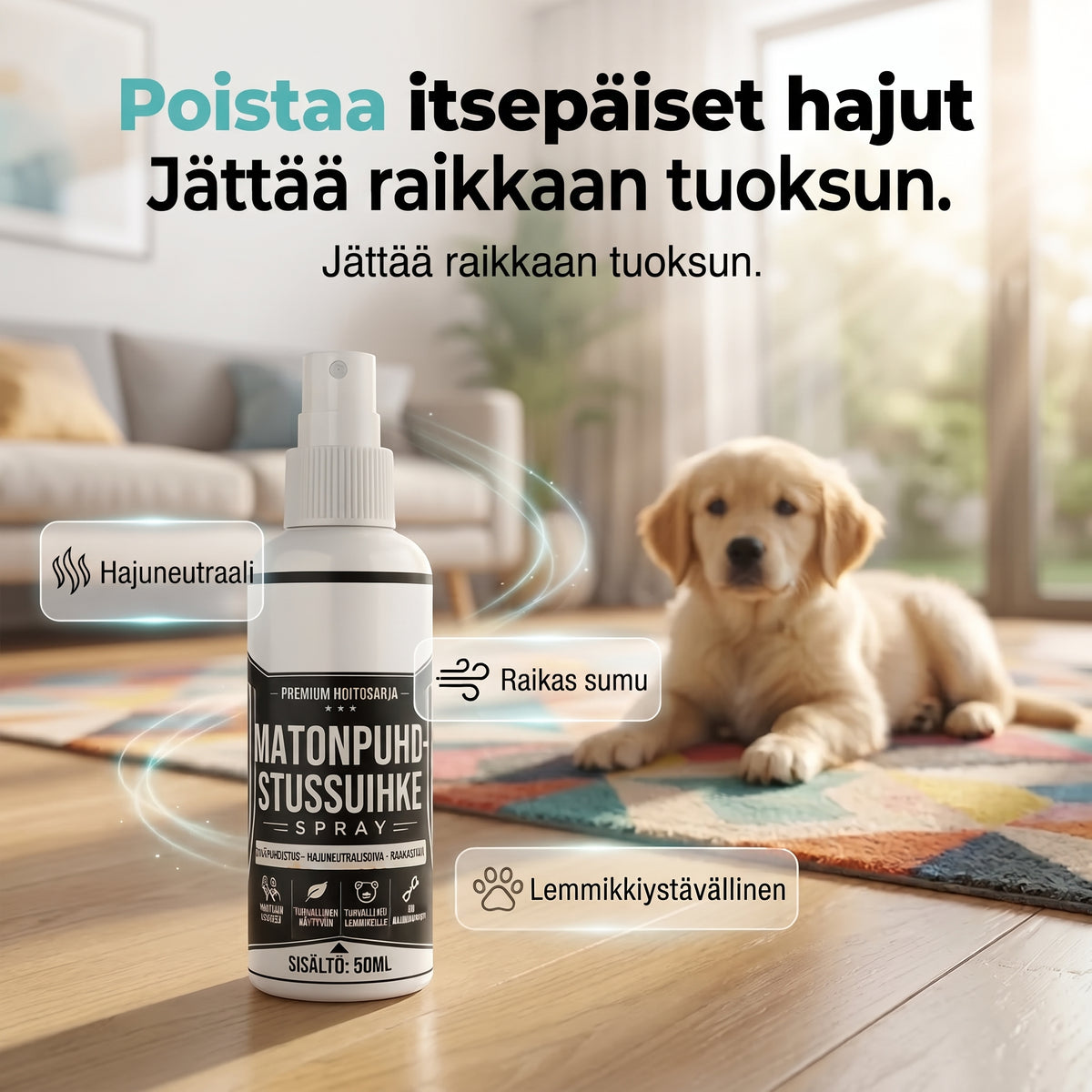 Tahranpoistoaine matoille ja verhoiluille ilman hankausta
