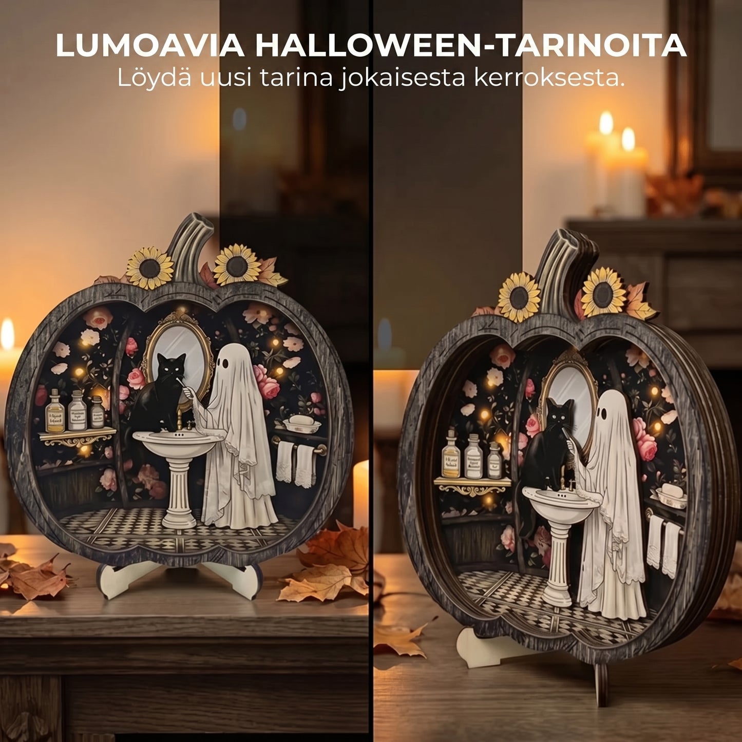 Puinen Halloween-kurpitsakoriste LED-valolla