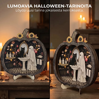 Puinen Halloween-kurpitsakoriste LED-valolla