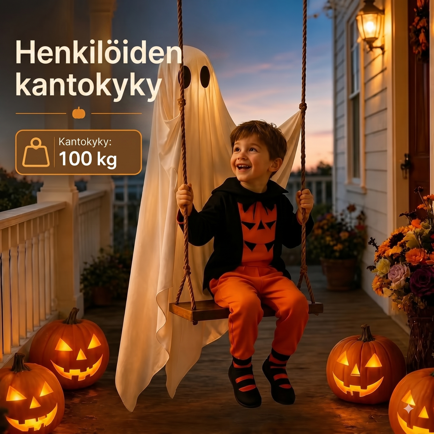 LED-valoilla varustettu roikkuva kummituskeinu Halloweeniksi