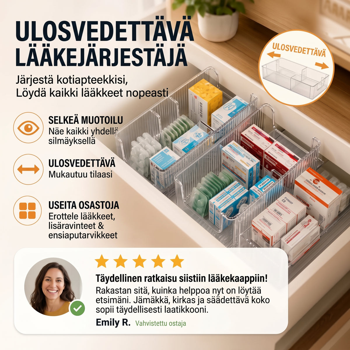 Ulosvedettävä läpinäkyvä lääkejärjestäjä