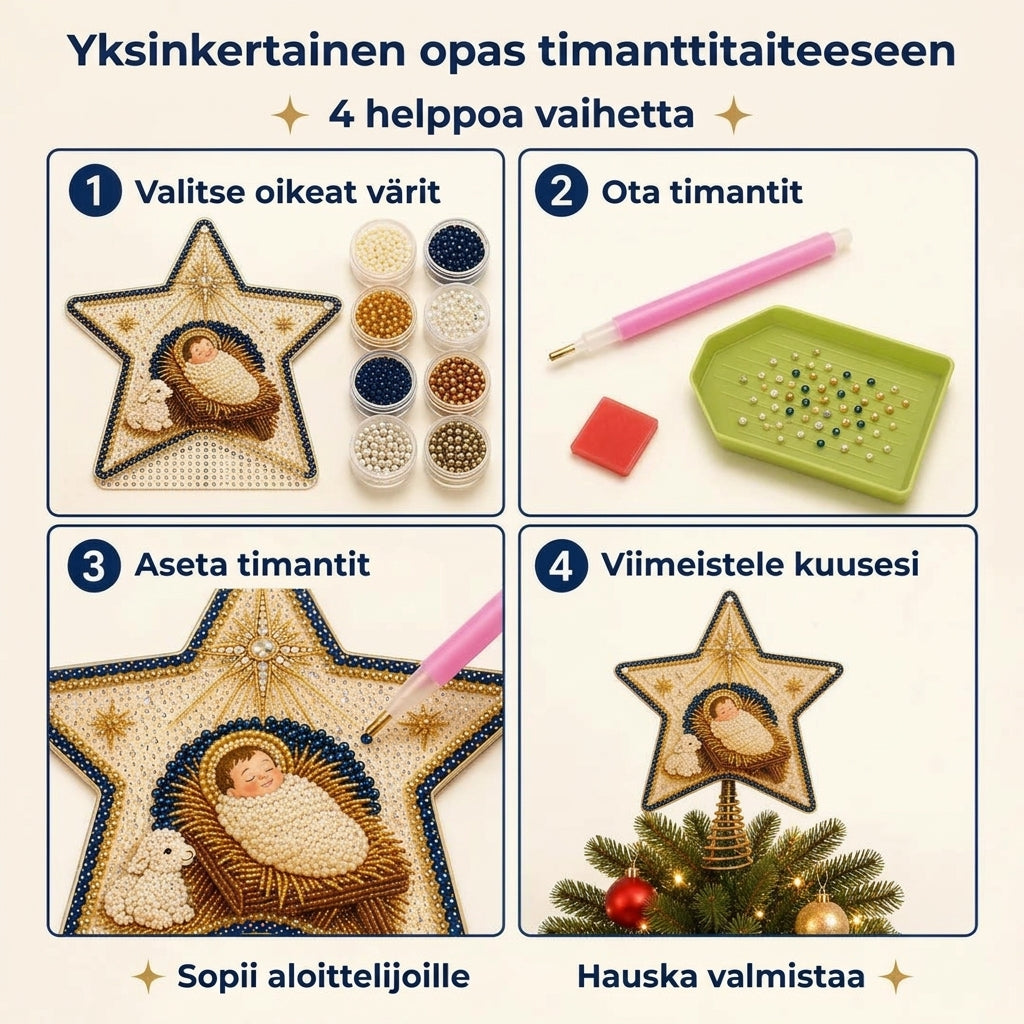 Uskonnollinen DIY-joulukuusentähtisetti helmillä ja timanteilla