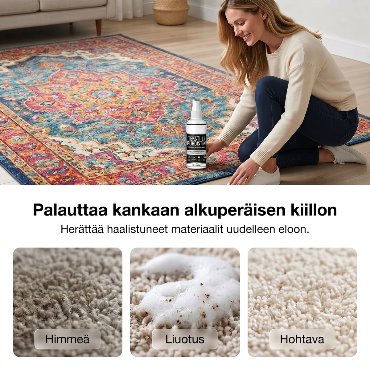 Tahranpoistoaine matoille ja verhoiluille ilman hankausta