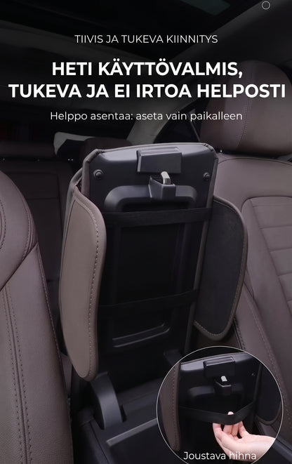 Auton keskikonsolin käsinojan suojus sivutaskuilla