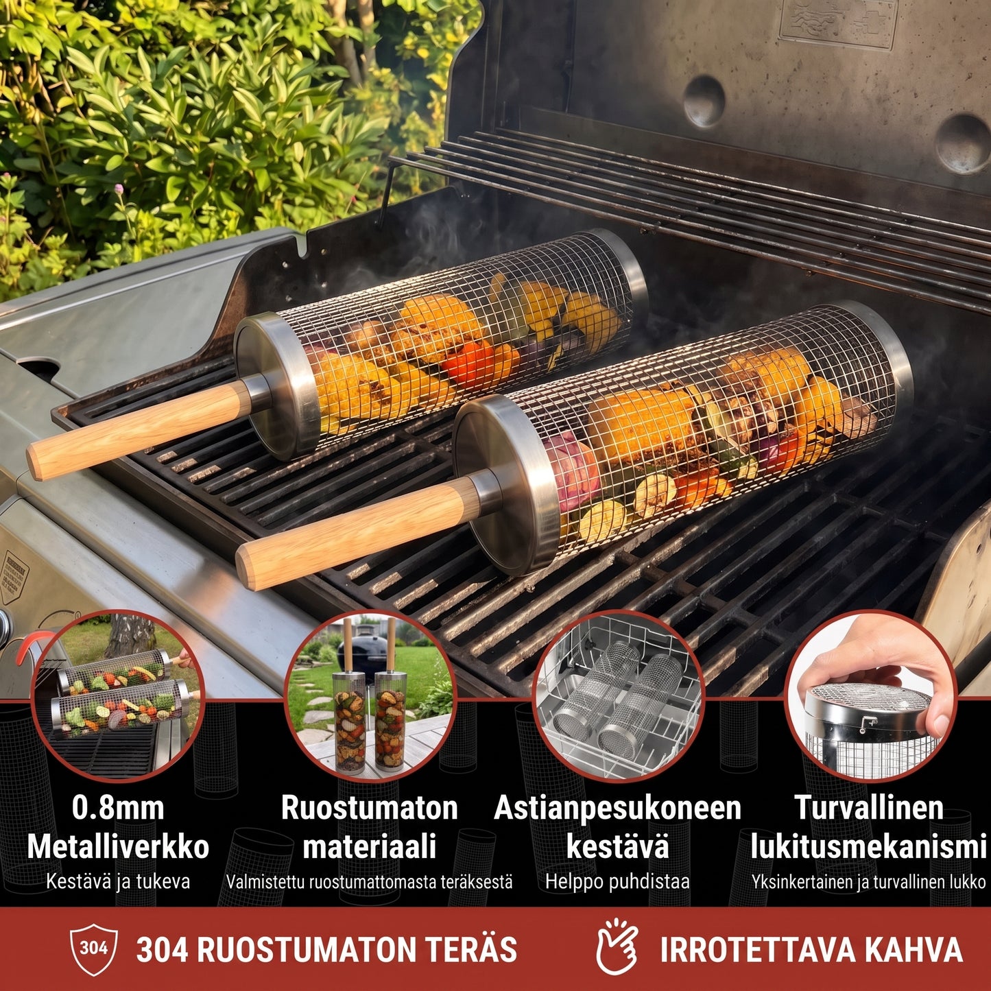 Ruostumaton teräksinen rillikori grillaukseen