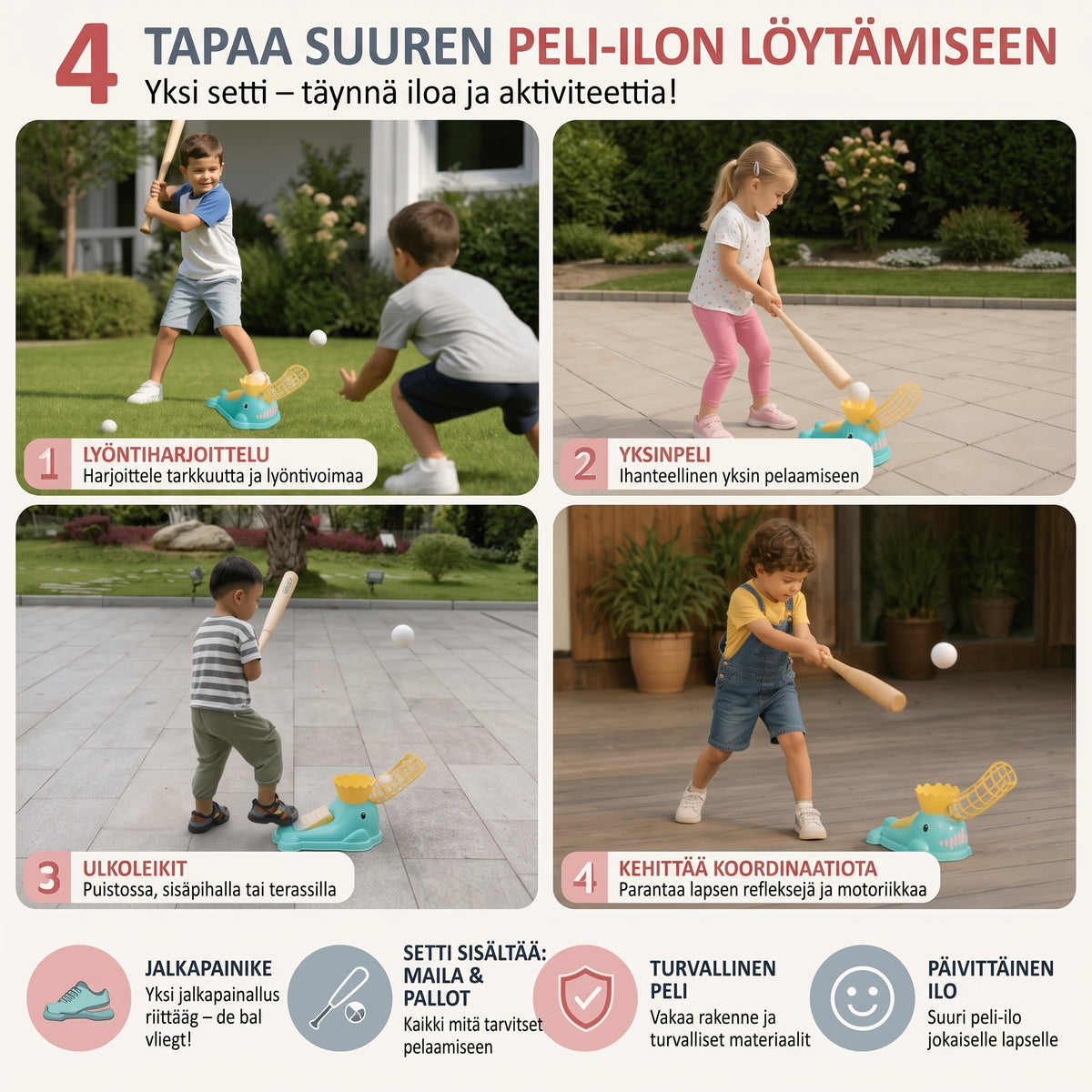 Jalkakäyttöinen baseball-pallonheitin lapsille mailalla ja palloilla