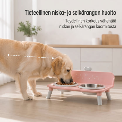Korotettu kaksiosainen ruokakuppiteline kissoille ja koirille ruostumattomasta teräksestä valmistetuilla kupeilla