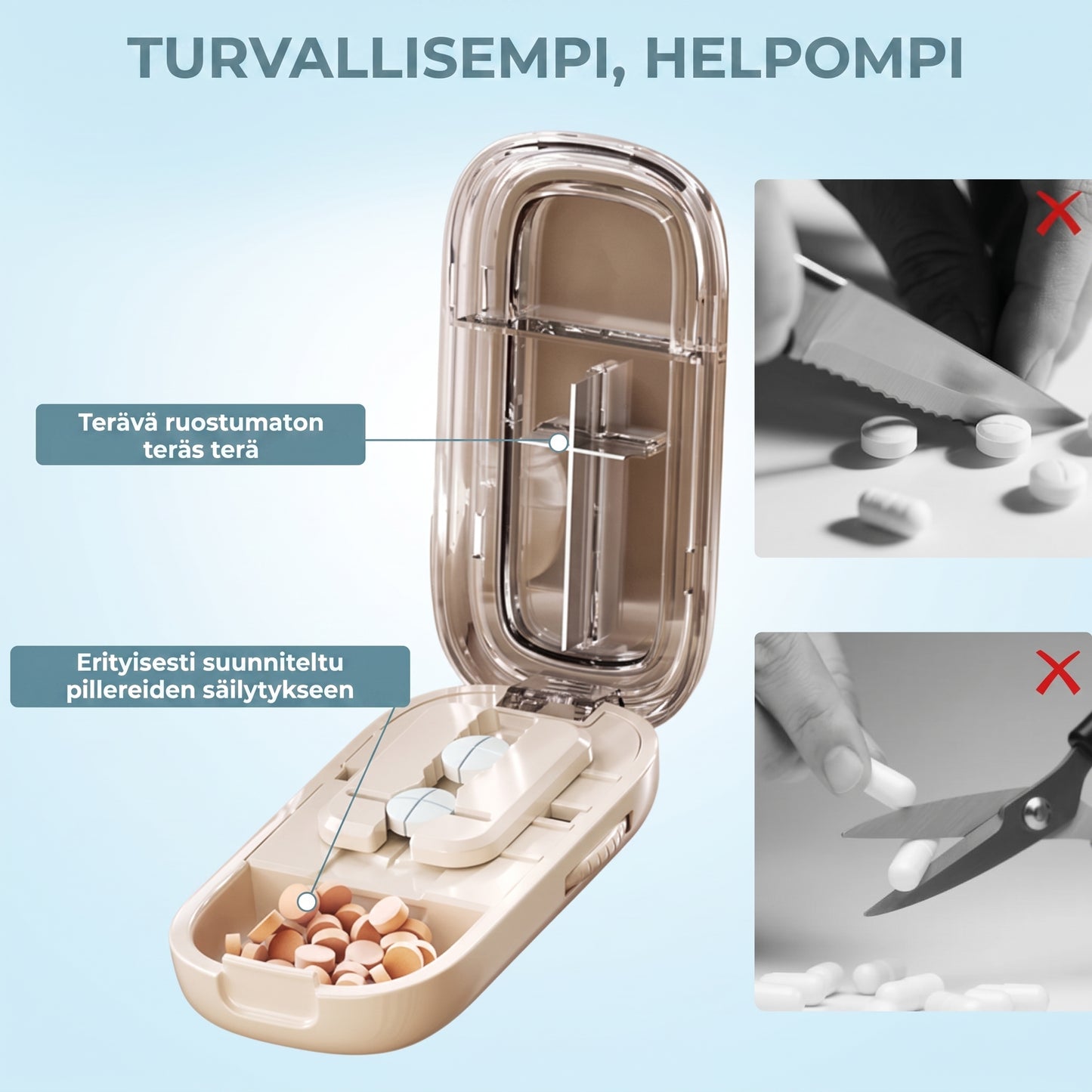 Säädettävä tabletinjakaja säilytyslokerolla