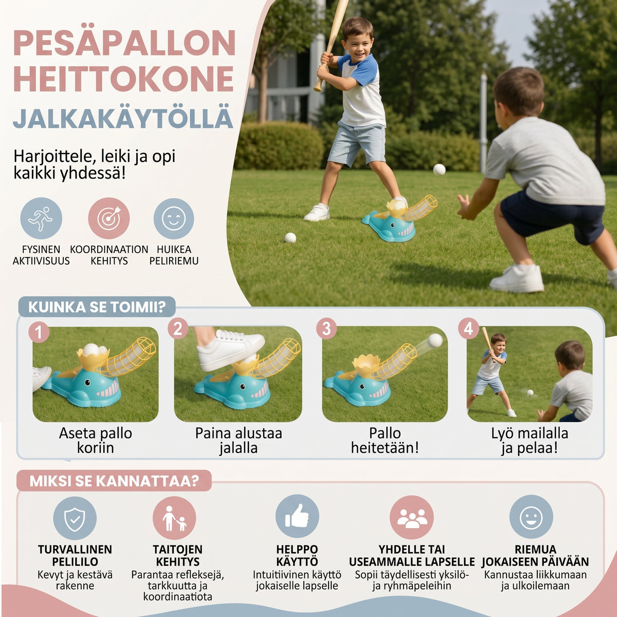 Jalkakäyttöinen baseball-pallonheitin lapsille mailalla ja palloilla