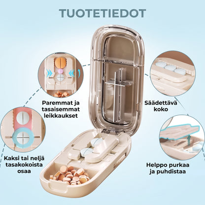Säädettävä tabletinjakaja säilytyslokerolla