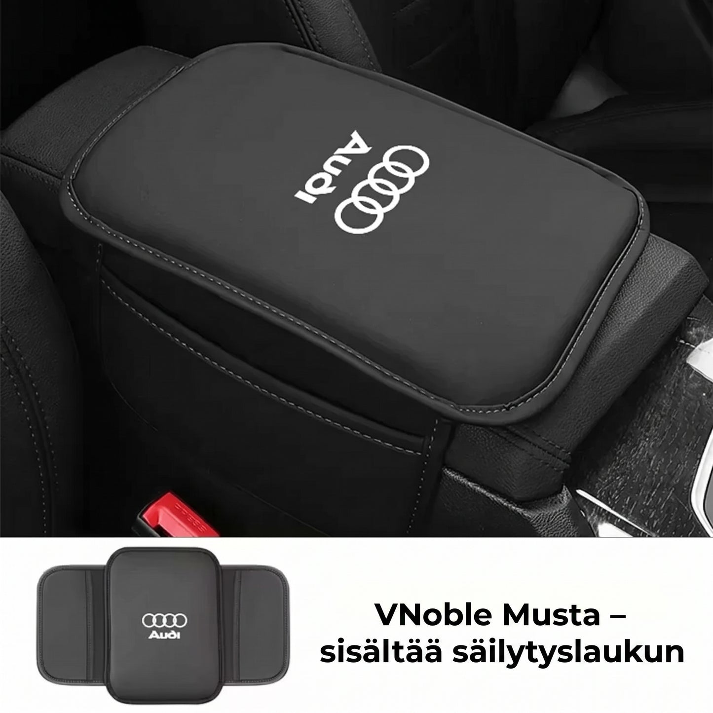 Auton keskikonsolin käsinojan suojus sivutaskuilla