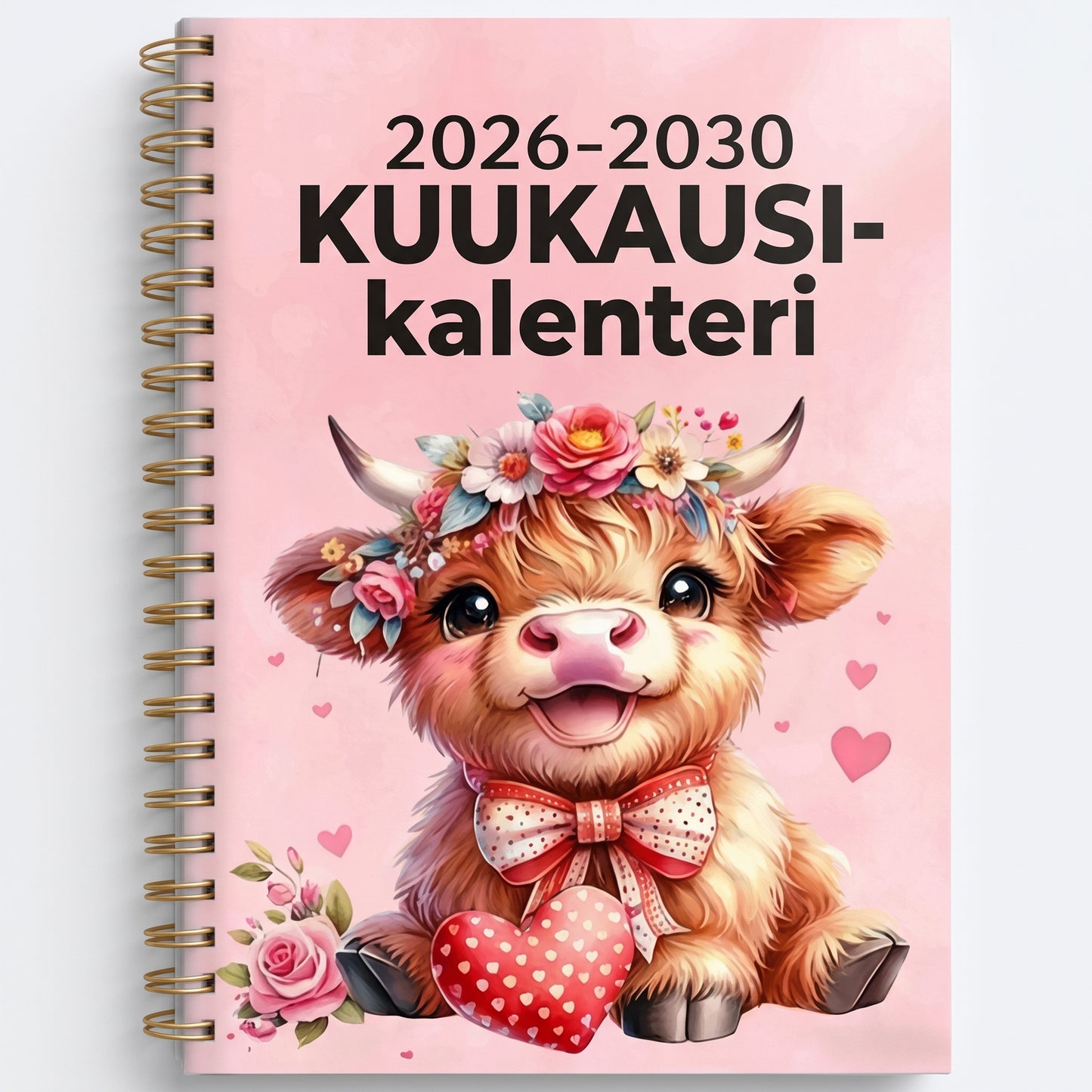 Viiden vuoden A5-kuukausikalenteri 2026–2030 skotlantilaisella ylämaankarjadesignilla