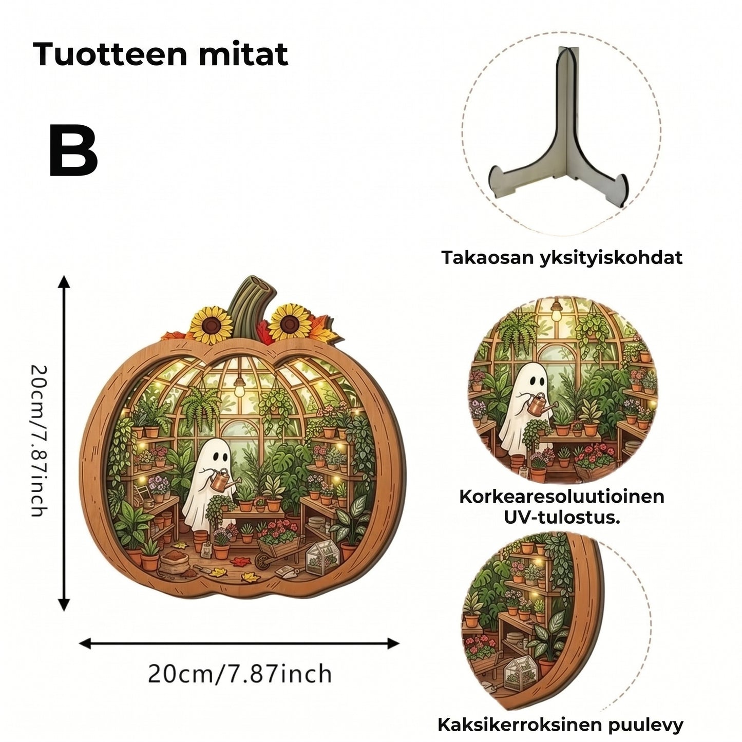 Puinen Halloween-kurpitsakoriste LED-valolla