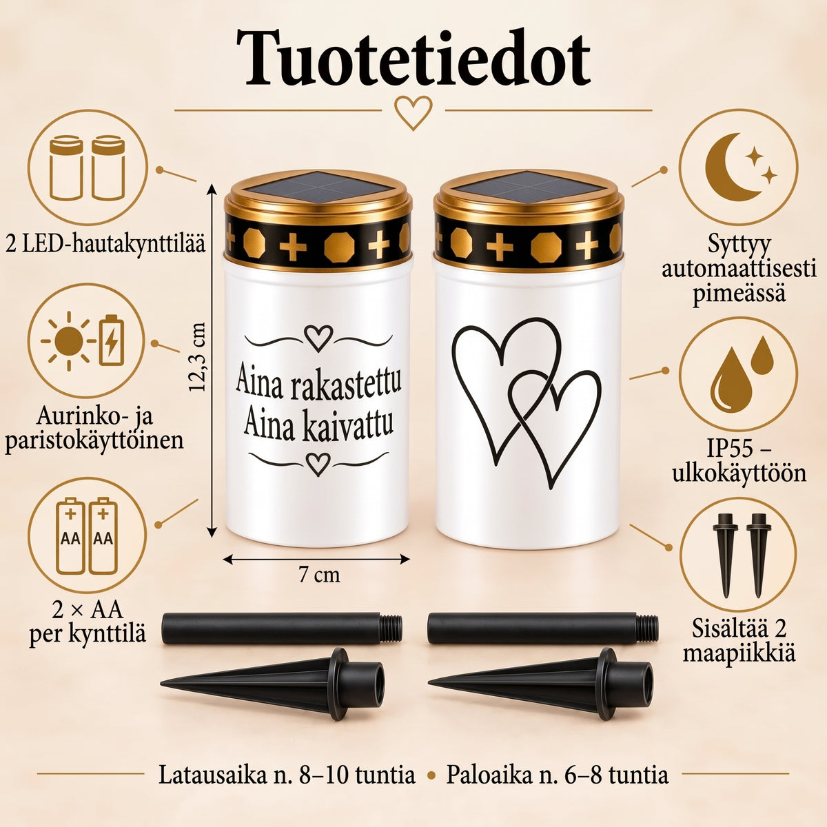 MinnesLjus LED-hautakynttilät 2 kappaleen setti aurinkokennolla tai paristolla