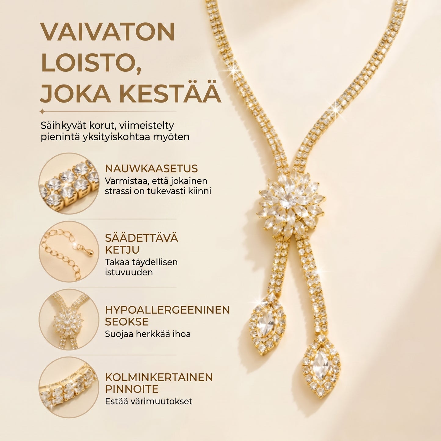 2-osainen kukkamuotoinen zirkoniakorusetti kaulakorulla ja korvakoruilla