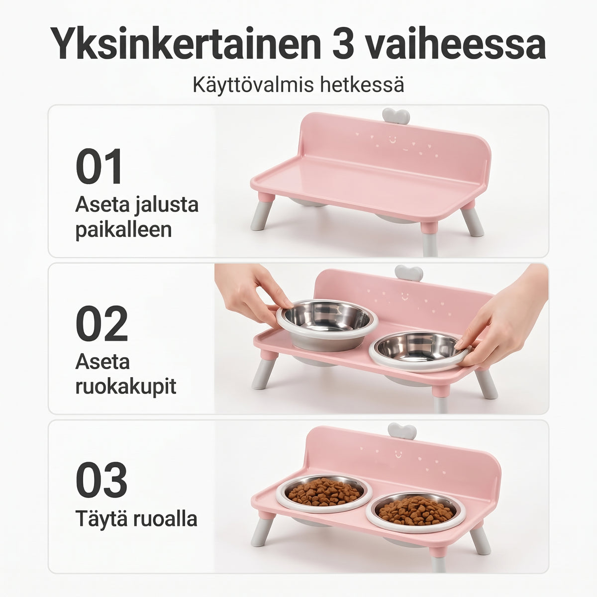 Korotettu kaksiosainen ruokakuppiteline kissoille ja koirille ruostumattomasta teräksestä valmistetuilla kupeilla