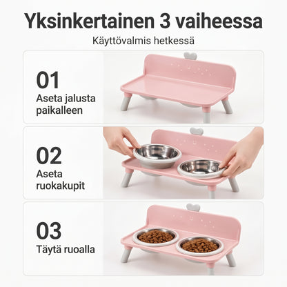 Korotettu kaksiosainen ruokakuppiteline kissoille ja koirille ruostumattomasta teräksestä valmistetuilla kupeilla
