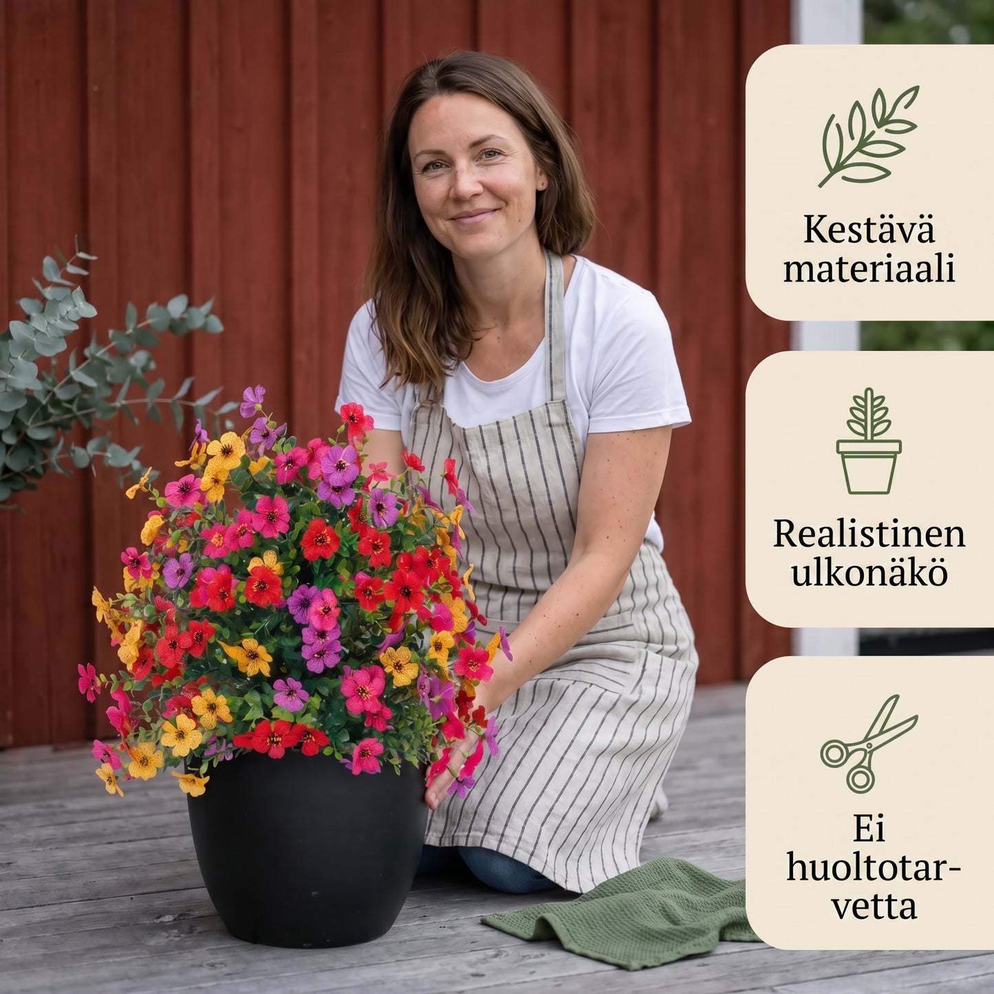Säänkestävät FloraLux-tekokukat sisäänkäynnille ja terassille