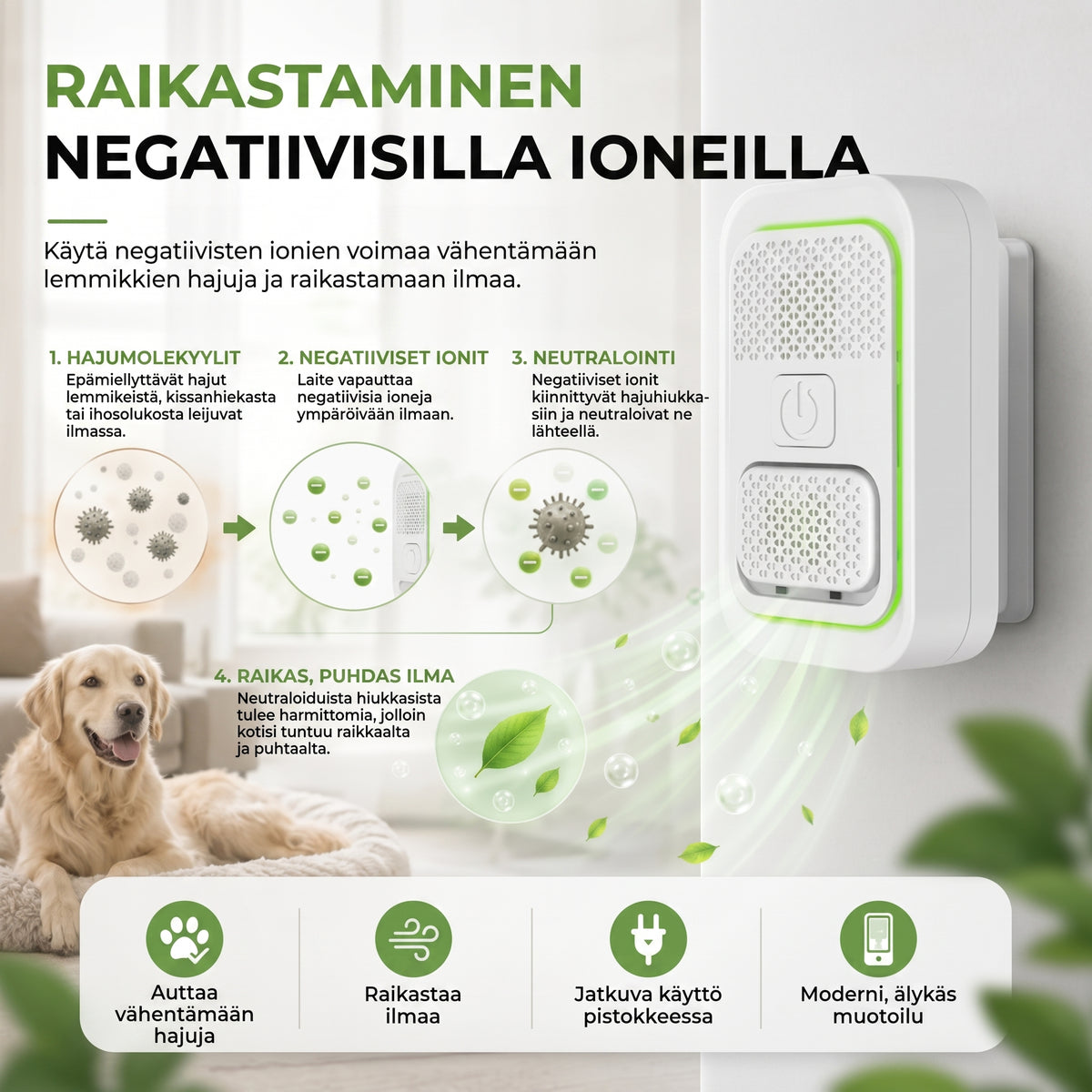 Ionisoiva ilmanpuhdistin lemmikkien hajujen vähentämiseen