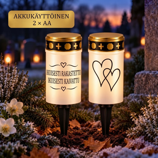 MinnesLjus LED-hautakynttilät 2 kappaleen setti aurinkokennolla tai paristolla