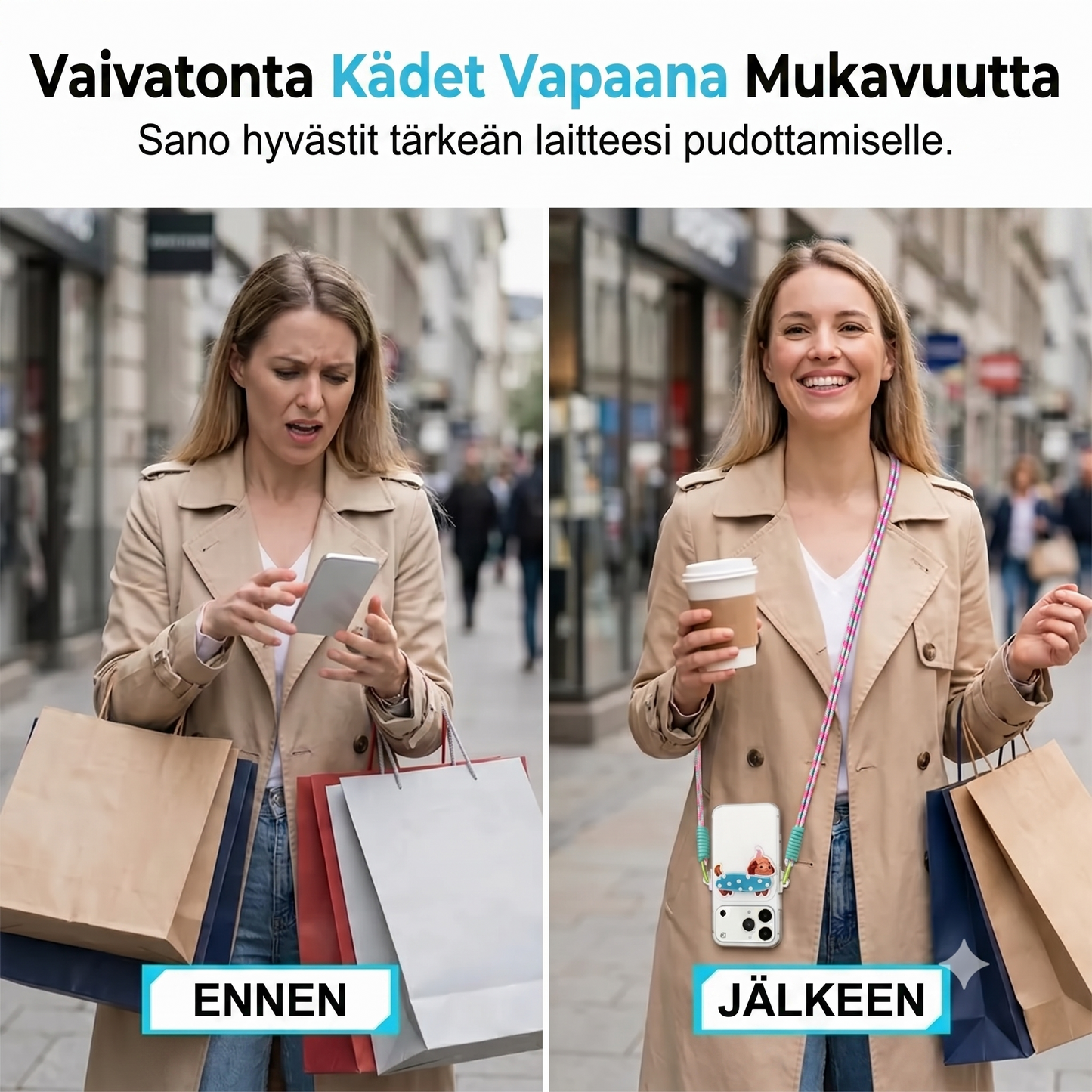 Puhelinpidike sarjakuvahahmolla ja rannelenkillä