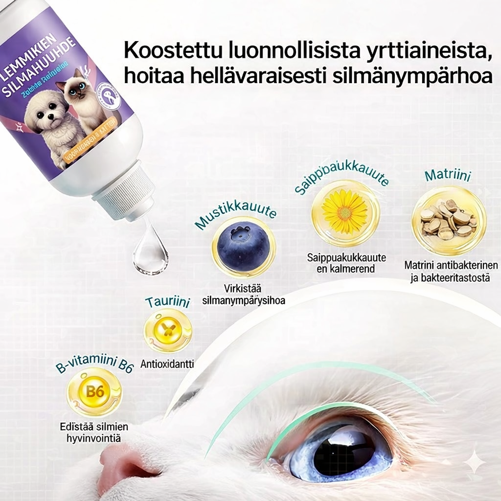 Hellävarainen silmienhuuhteluaine koirille ja kissoille
