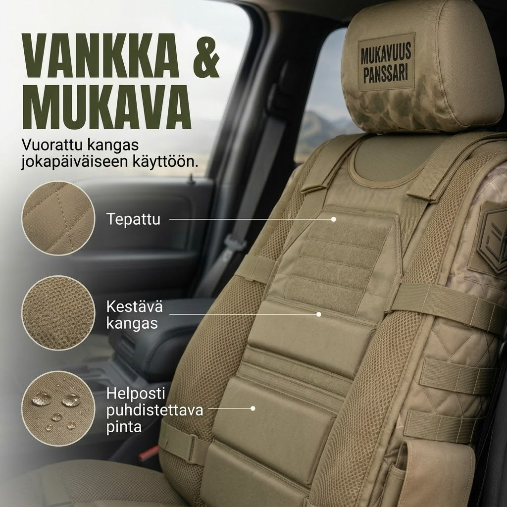 Taktiset auton istuinsuojat säilytystaskuilla