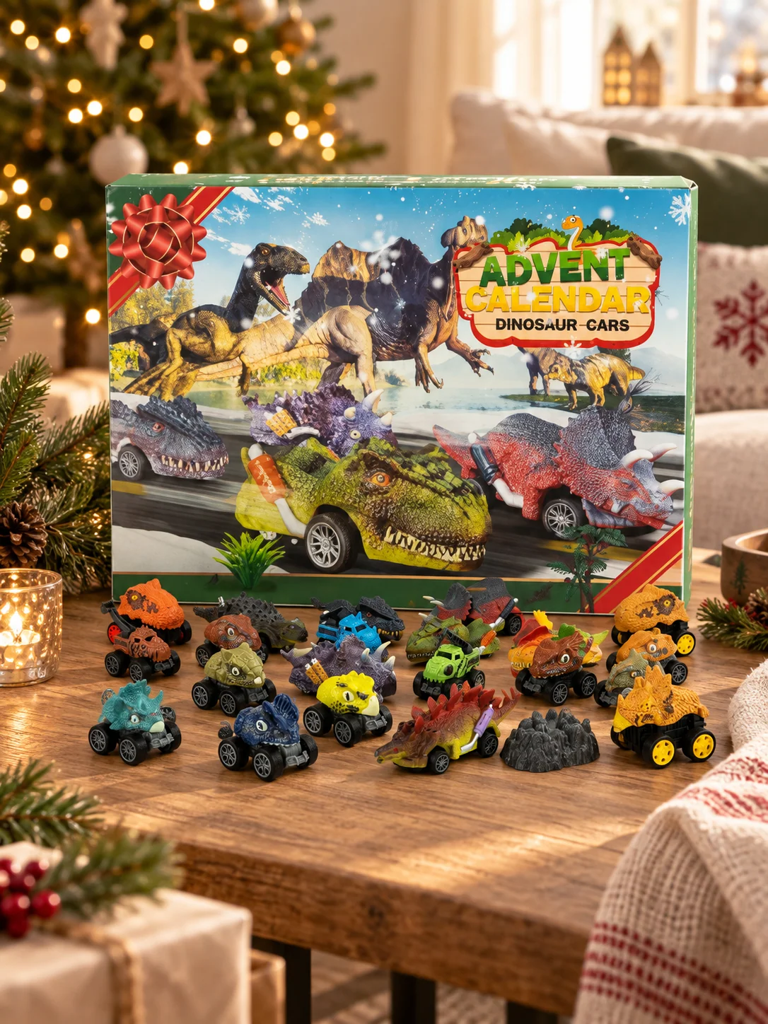 Dinosaurus-kilpa-autojen adventtikalenteri lapsille