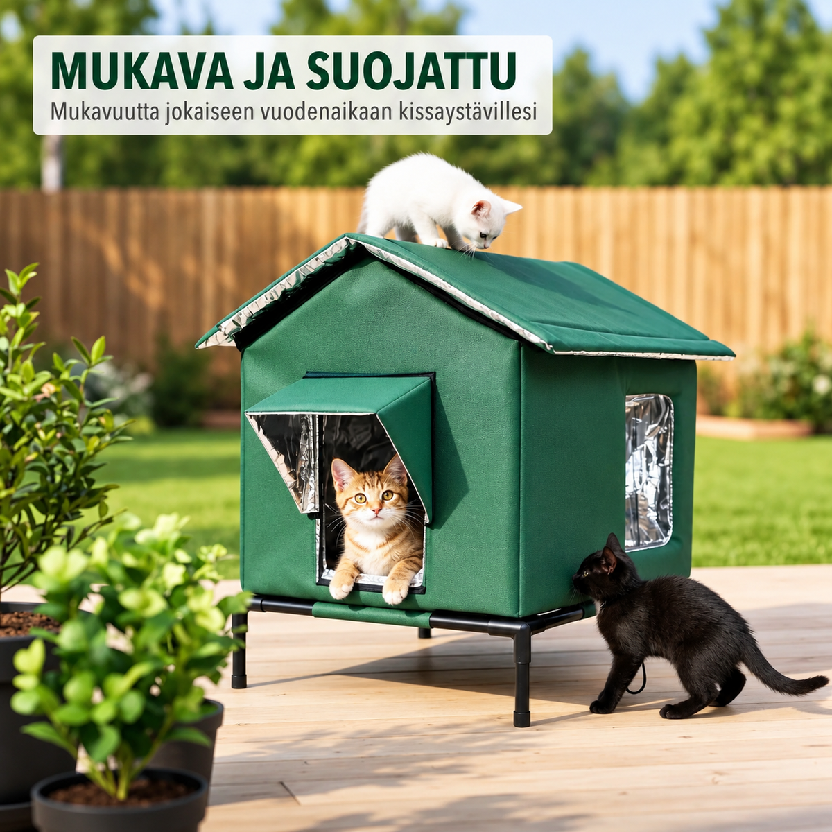 Säänkestävä korotettu kissanmaja ulkokäyttöön