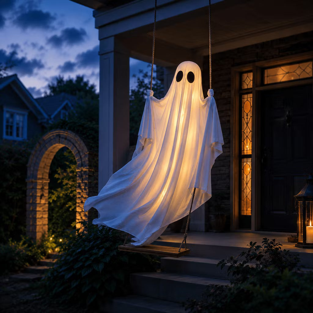 LED-valoilla varustettu roikkuva kummituskeinu Halloweeniksi