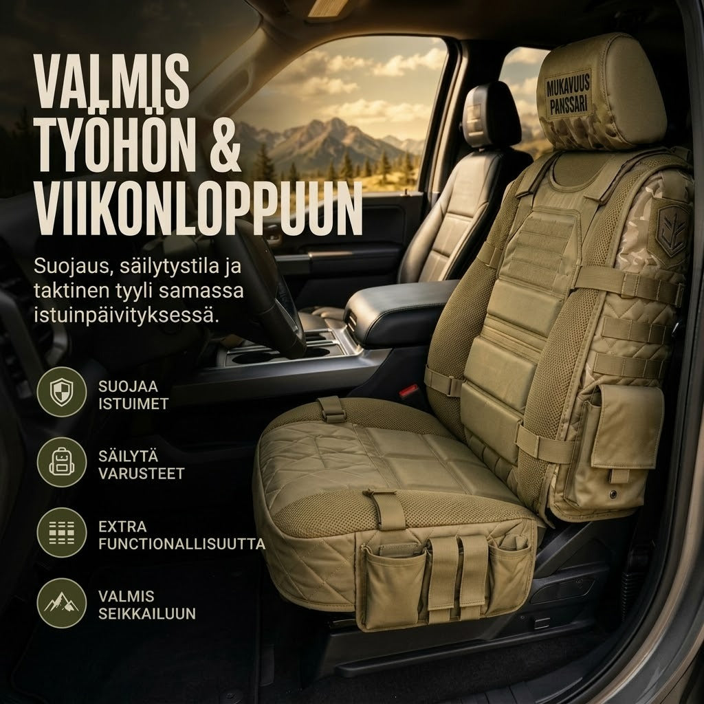 Taktiset auton istuinsuojat säilytystaskuilla