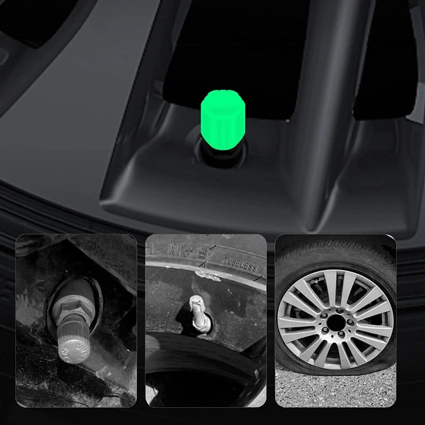 Valaisevat venttiilinhatut autoon ja polkupyörään