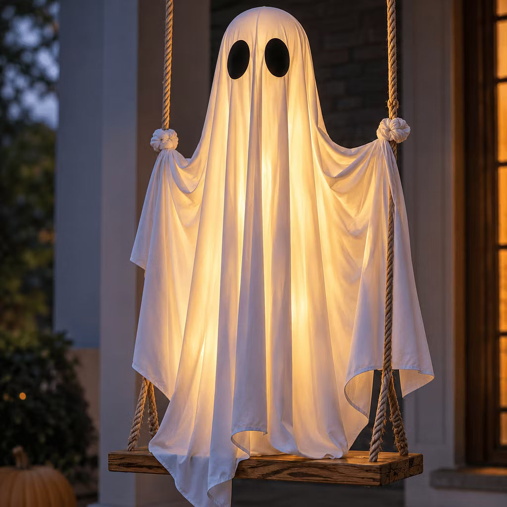 LED-valoilla varustettu roikkuva kummituskeinu Halloweeniksi