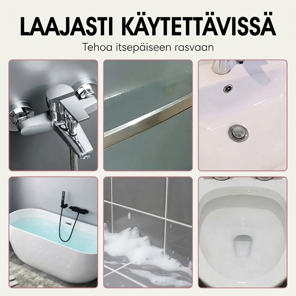 Kylpyhuoneen puhdistussuihke kalkkisaostumien ja saippuajäämien poistoon