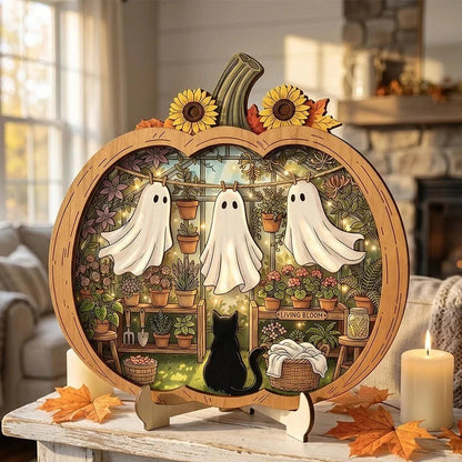 Puinen Halloween-kurpitsakoriste LED-valolla