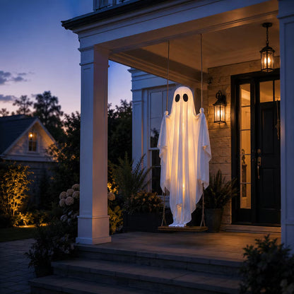 LED-valoilla varustettu roikkuva kummituskeinu Halloweeniksi