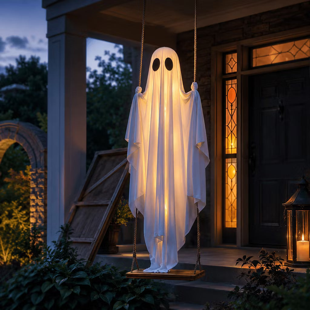 LED-valoilla varustettu roikkuva kummituskeinu Halloweeniksi