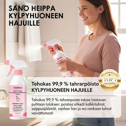 Kylpyhuoneen puhdistussuihke kalkkisaostumien ja saippuajäämien poistoon