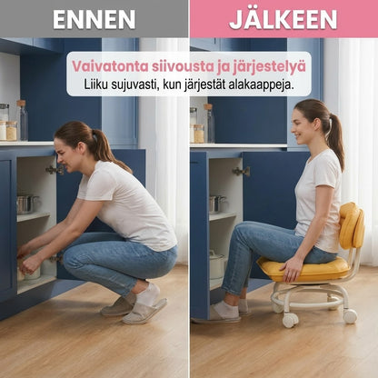 Matala pyörillä varustettu jakkara selkänojalla