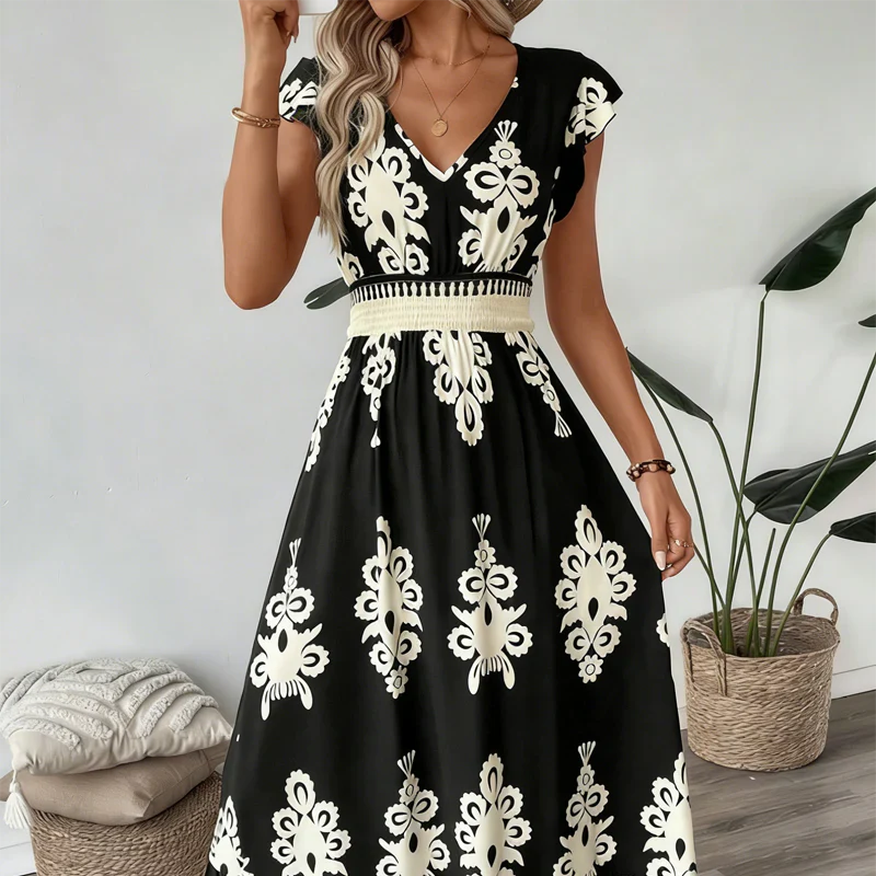 Elegantti V-aukkoinen mekko barokkikuviolla