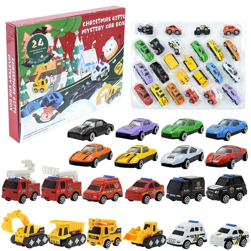 Rakennustyömaa-aiheinen adventtikalenteri 24 metallisella minirakennusajoneuvolla