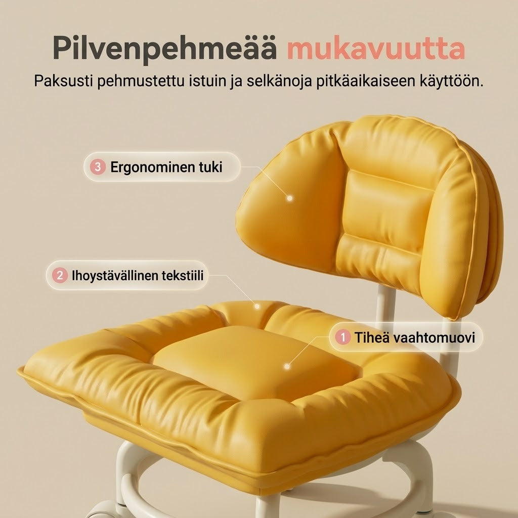 Matala pyörillä varustettu jakkara selkänojalla