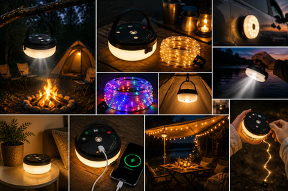 CampGlow 4-in-1 ladattava retkeilylamppu valonauhalla ja varavirtalähteellä
